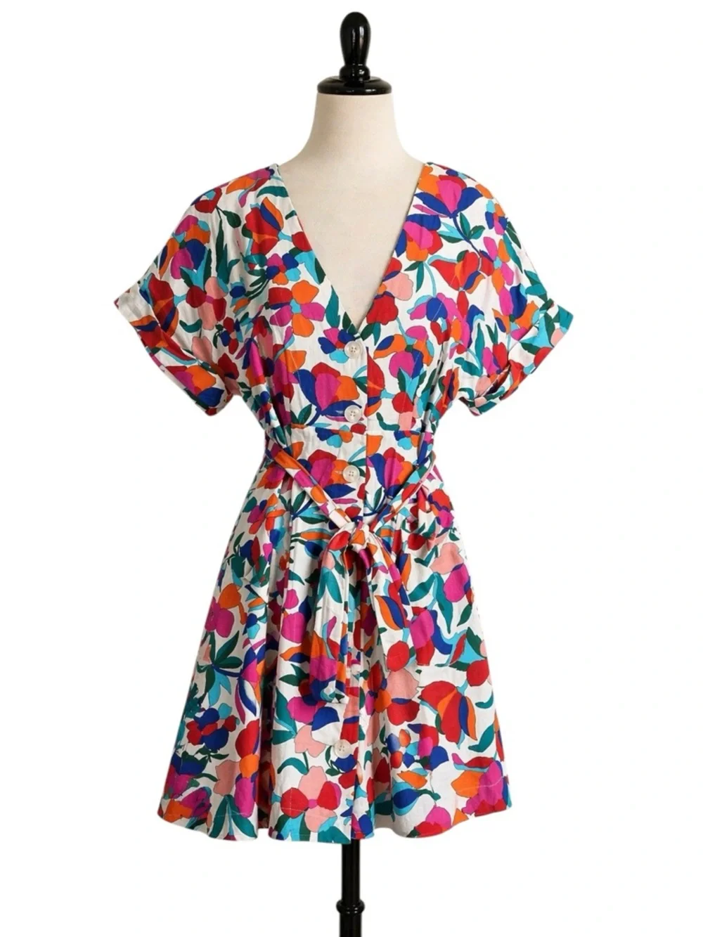Karlie Floral Mini Dress Small Tie Waist Button Front Boho Summer - Picture 3 of 8